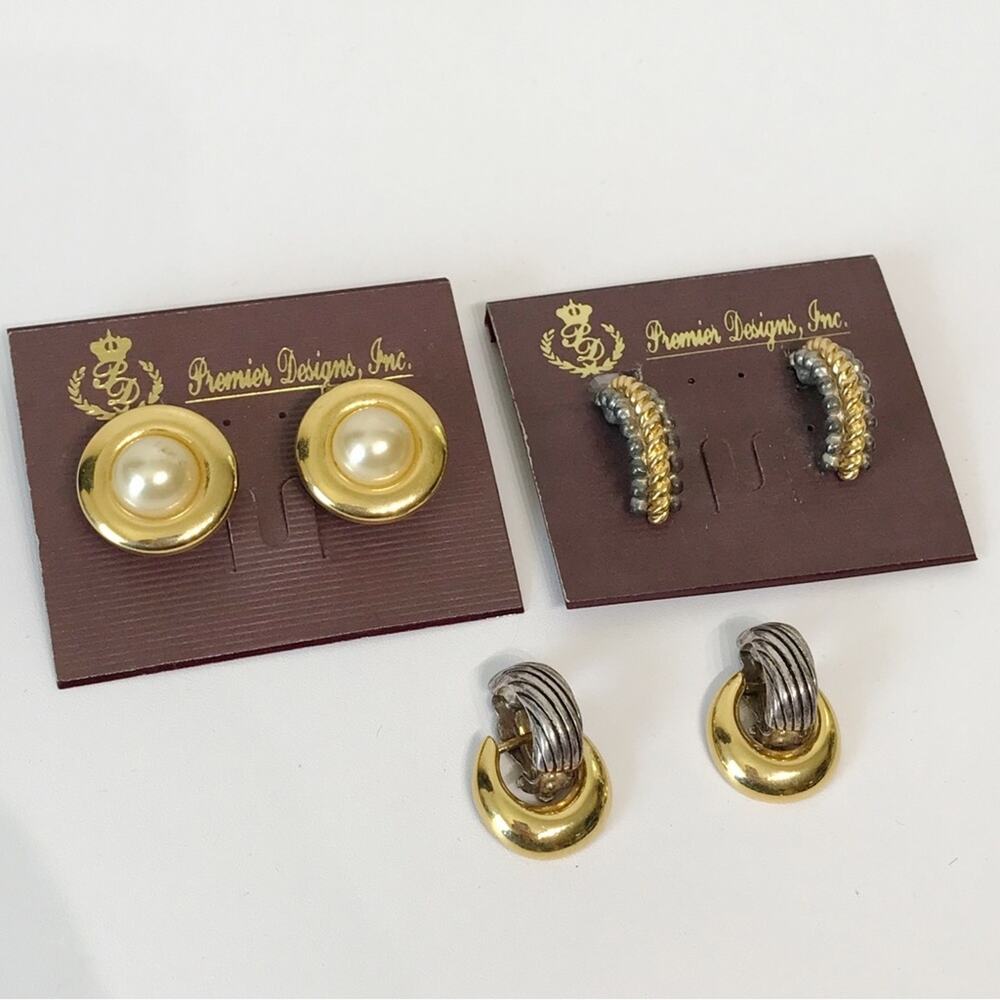 Primer Designs Faux Pearl Button Rope Half Hoop Double Loop Drop Clip On Earring